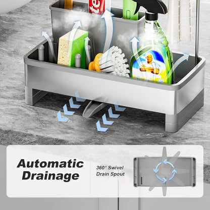 Ewaiira Stainless Steel Sink Caddy, Sponge Holder for Kitchen Sink with Brush Holder and Towel Rack, Sink Organizer for Countertop, Soap Dispenser Kitchen Organizers Storage Essentials (A-Black)