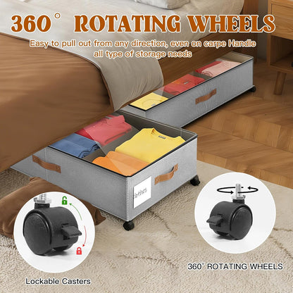 Under Bed Storage with Wheels, Rolling Under Bed Storage Containers with Clear Lid and Handles for Clothes, Shoes, Blankets, Pillows, Toys, Books, Bags (60L, 30.9 x 16.9 x 6.7in, Black, 2 Pack)