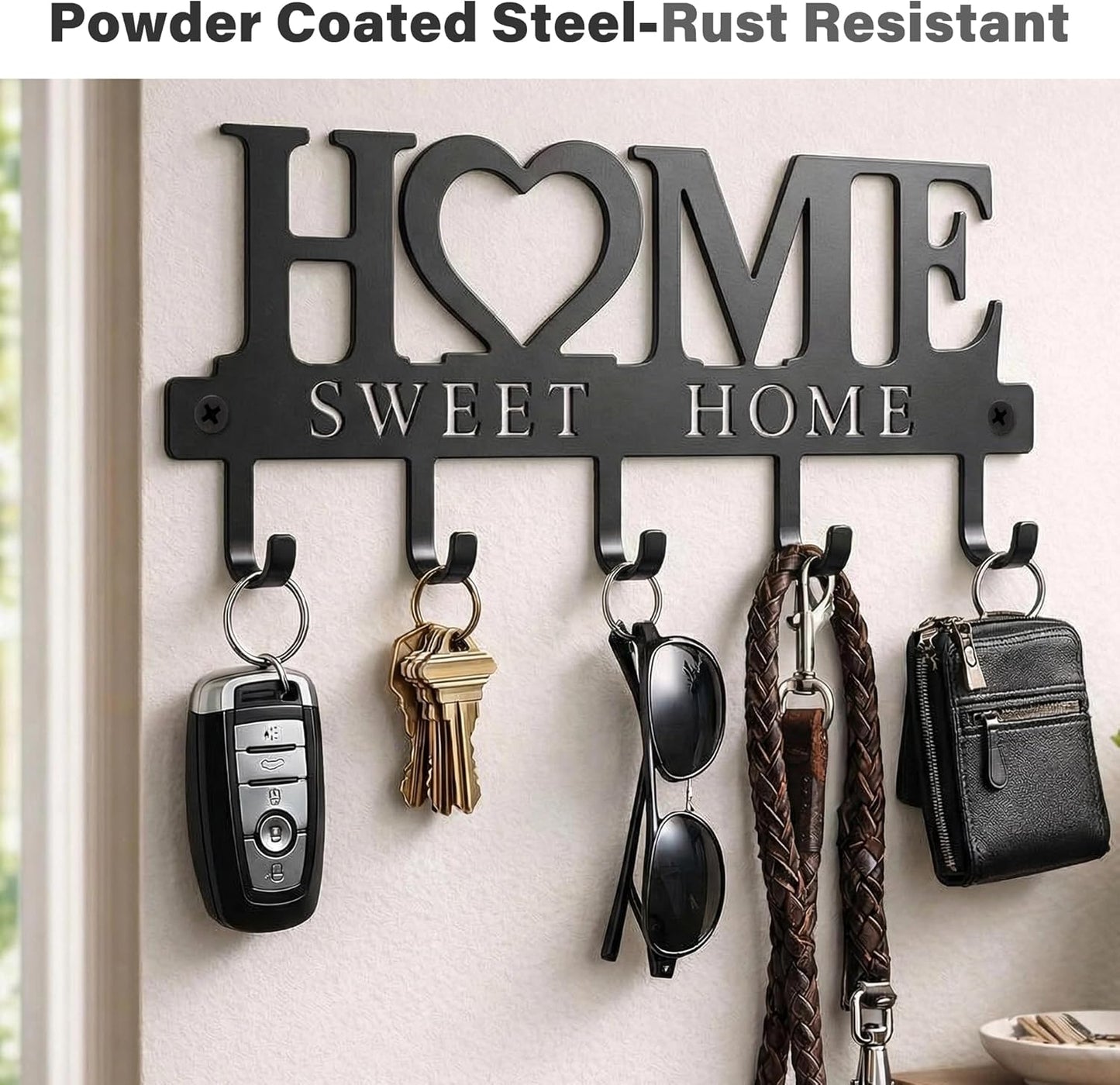 Key Holder for Wall with 5 Hooks, Wall Mounted Metal Key Rack Organizer, Home Sweet Home Heart Decor Key Hooks for Entryway, Mudroom, Kitchen, Dog Leashes, Coats, Housewarming Gift, Black