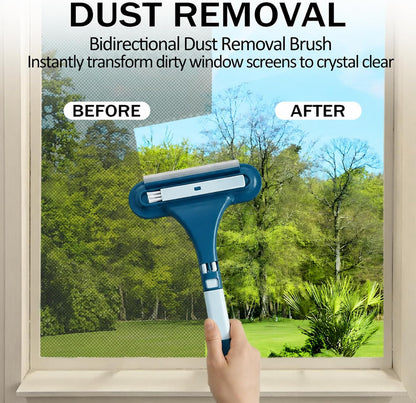 Window Screen Cleaning Brush, 3 in 1 Window Screen Cleaner Brush with Squeegee and Detachable Long Handle,Wet Dry Dual-Use Mesh Screen Cleaner Tool for Dusty Corners, Patio Door Porch Screens(Blue)