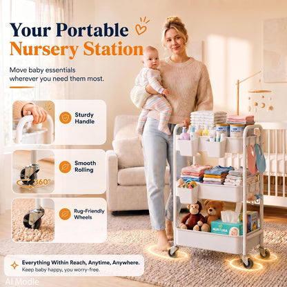 2 Tier Small Rolling Cart Metal with Wheels, White Under Desk Storage Cart on Wheels, Short Utility Roller Caddy Carts Organizer for Art,Craft,Pantry,Bathroom, Two Tiered Shelf Trolley,22 Inches Tall