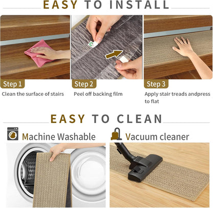 SMILOOL Stair Treads Non Slip for Wooden Steps Indoor 4 Pack 8" X 30" Carpet Stairs Runner for Wood Stairs, Stair Tread Rugs with Reusable Adhesive for Dogs Kids and Elders, Machine Washable, Brown