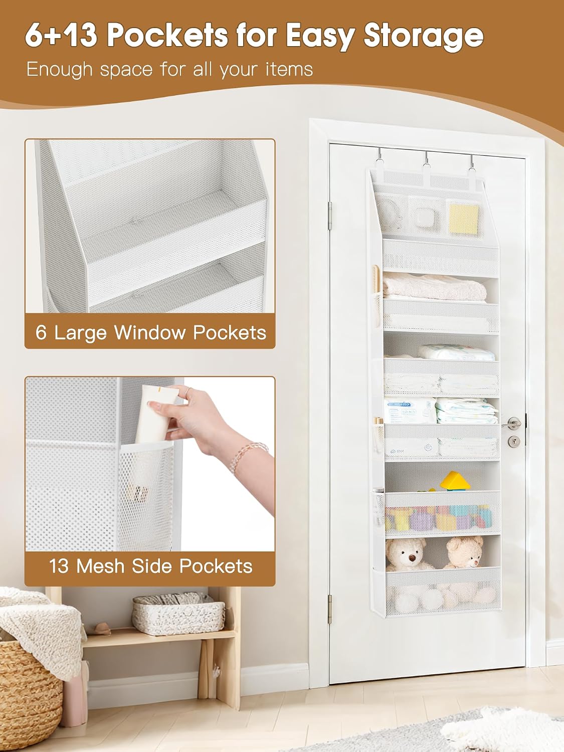 Criusia Over The Door Organizer, Heavy-Duty 6-Shelf Hanging Storage with 13 Mesh Pockets, 55lbs Capacity Behind The Door Storage for Nursery, Bathroom, Bedroom, and Dorm, Grey
