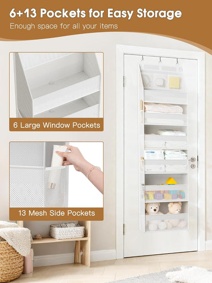 Criusia Over The Door Organizer, Heavy-Duty 6-Shelf Hanging Storage with 13 Mesh Pockets, 55lbs Capacity Behind The Door Storage for Nursery, Bathroom, Bedroom, and Dorm, Grey