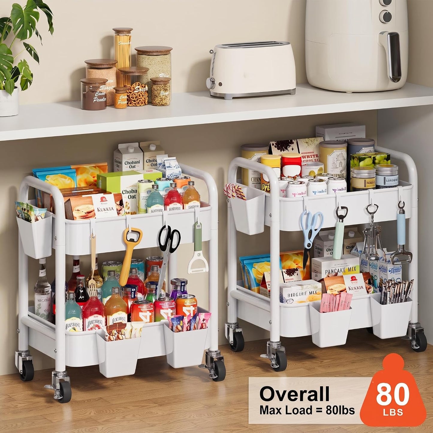 2 Tier Small Rolling Cart Metal with Wheels, White Under Desk Storage Cart on Wheels, Short Utility Roller Caddy Carts Organizer for Art,Craft,Pantry,Bathroom, Two Tiered Shelf Trolley,22 Inches Tall