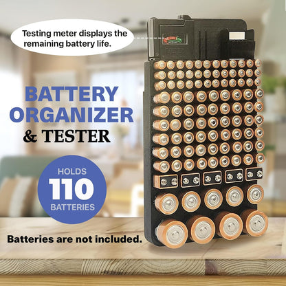 Parker & Bailey Battery Organizer and Tester - Storage Organizer Holder Container Holds 110 Batteries Compatible with AAA Batteries AA, D, C, 9, V