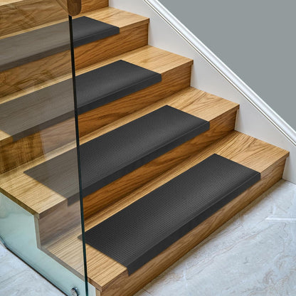 Ottomanson Non Slip Stair Treads Indoor – Peel and Stick Carpet Stair Treads for Wooden Stairs, Self Adhesive Anti Slip Stair Pads for Kids & Pets – 7.9" x 29.9", 7 Pack – Black