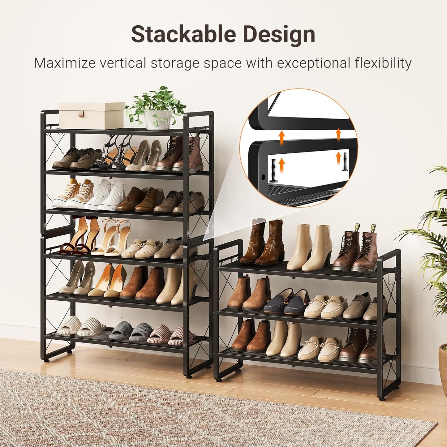 ELYKEN Shoe Rack, 2-Tier Expandable Shoe Organizer for Closet, Metal Black Shoe Shelf with 4 Hooks, Adjustable Shoe Stand Holder for Entryway, Garage, Door Entrance