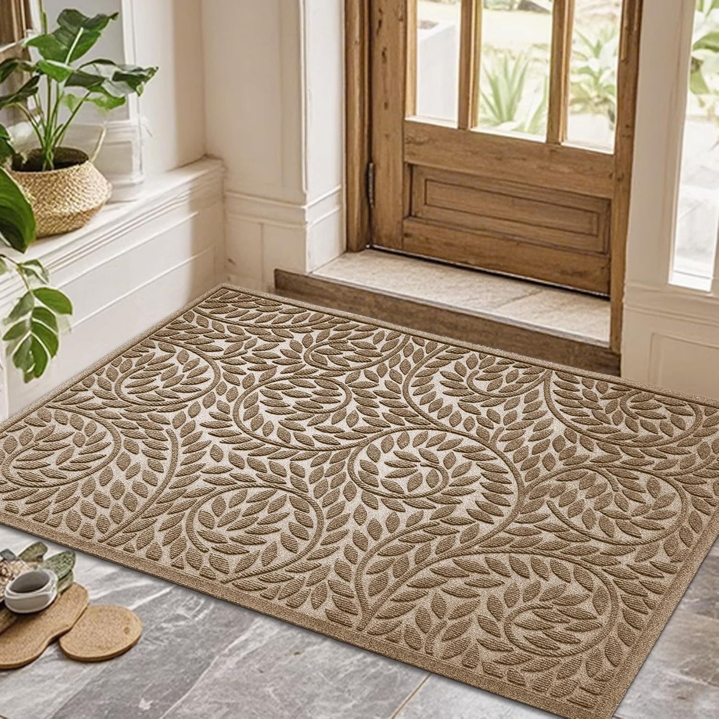 Bulijojo Front Door Mat Entrance,Durable Heavy Duty Welcome Mat,Thick Absorbent Natural Rubber Non Slip Mat,Sturdy Entryway Brown 17"x30"