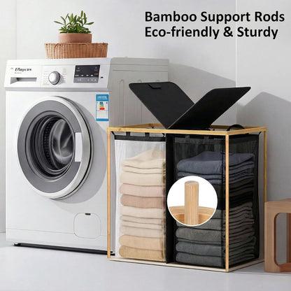 efluky Laundry Hamper with Lid, Trio Laundry Basket with 2 Removable Bags, 3 Section Laundry Bin with Bamboo Handles for Bathroom, Bedroom & Laundry Room, 160L (42.3 Gallon) Beige