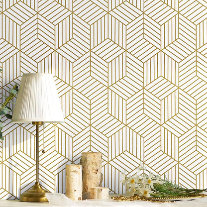 CiCiwind Wallpaper Peel and Stick Modern White and Gold Contact Paper Peel and Stick Geometric Removable Self Adhesive Wall Paper for Bedroom Renter Friendly Papel Tapiz para Pared 15.7"x118"
