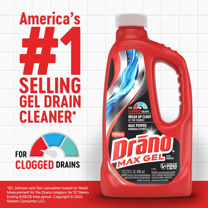 Drano Max Gel Drain Clog Remover & Cleaner, Fast-Acting to Unclog Standing Water & Remove Hair, Grease & Food Blockages, Safe for all Pipes & Septic, Kitchen Sinks, Bathroom Showers & Tubs, 32 Oz