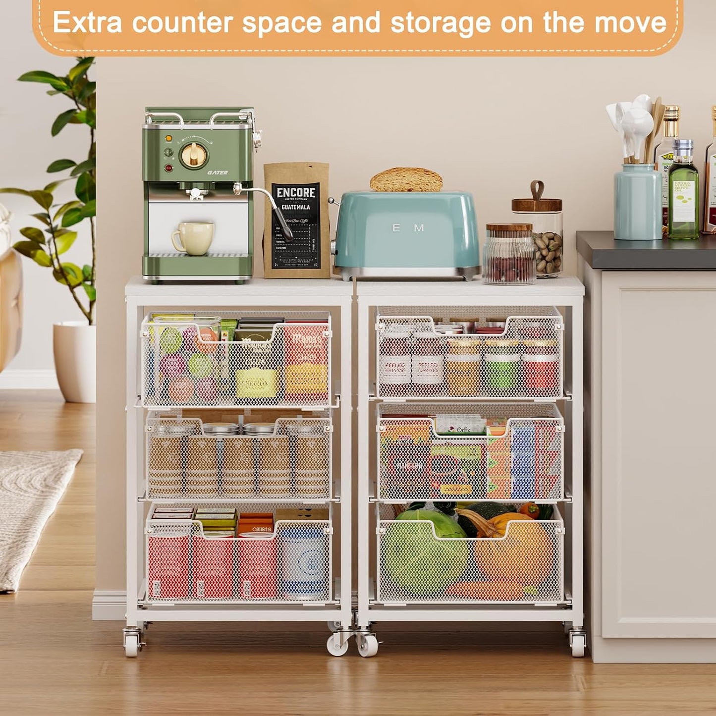 4 Tier Kitchen Rolling Cart, Kitchen Storage Cart with Wheels, Adjust Pantry Organizer and Storage Cart with Drawer, Fruit Vegetable Spice Storage Cart, Wooden Top Metal Kitchen Organizer Rack Stand