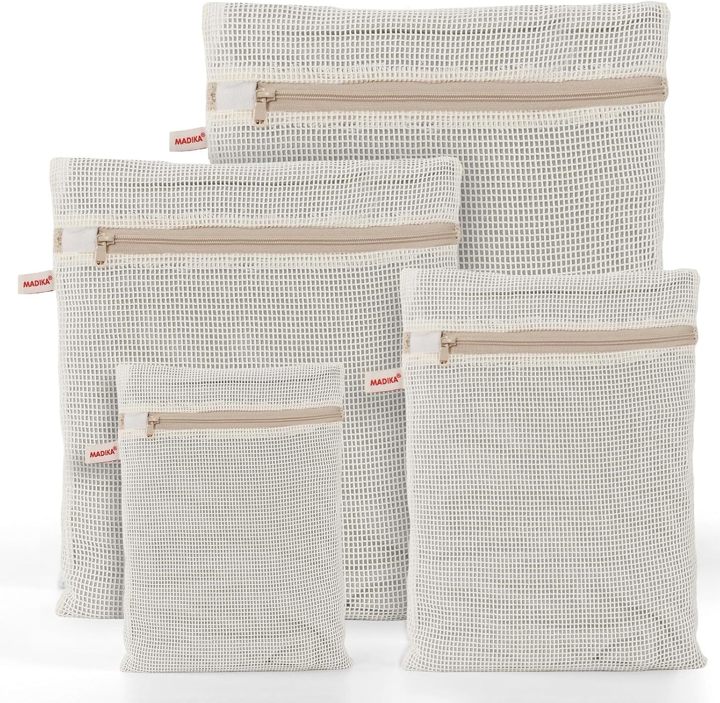 MADIKA 100% Cotton Mesh Laundry Bags, Organic Cotton Laundry bags, No Dye, Set of 4, Natural