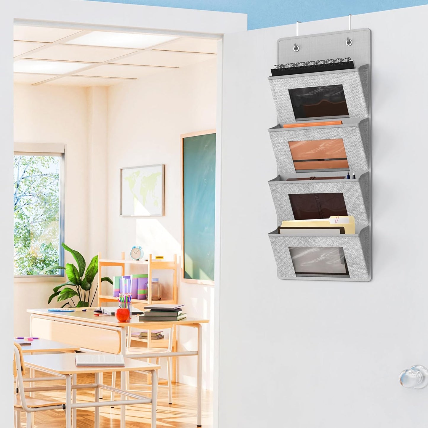 Simple Houseware Over the Door Hanging Wall File Organizer, 4 Pocket File Holder with 13" Width for Office Supplies Storage, Grey