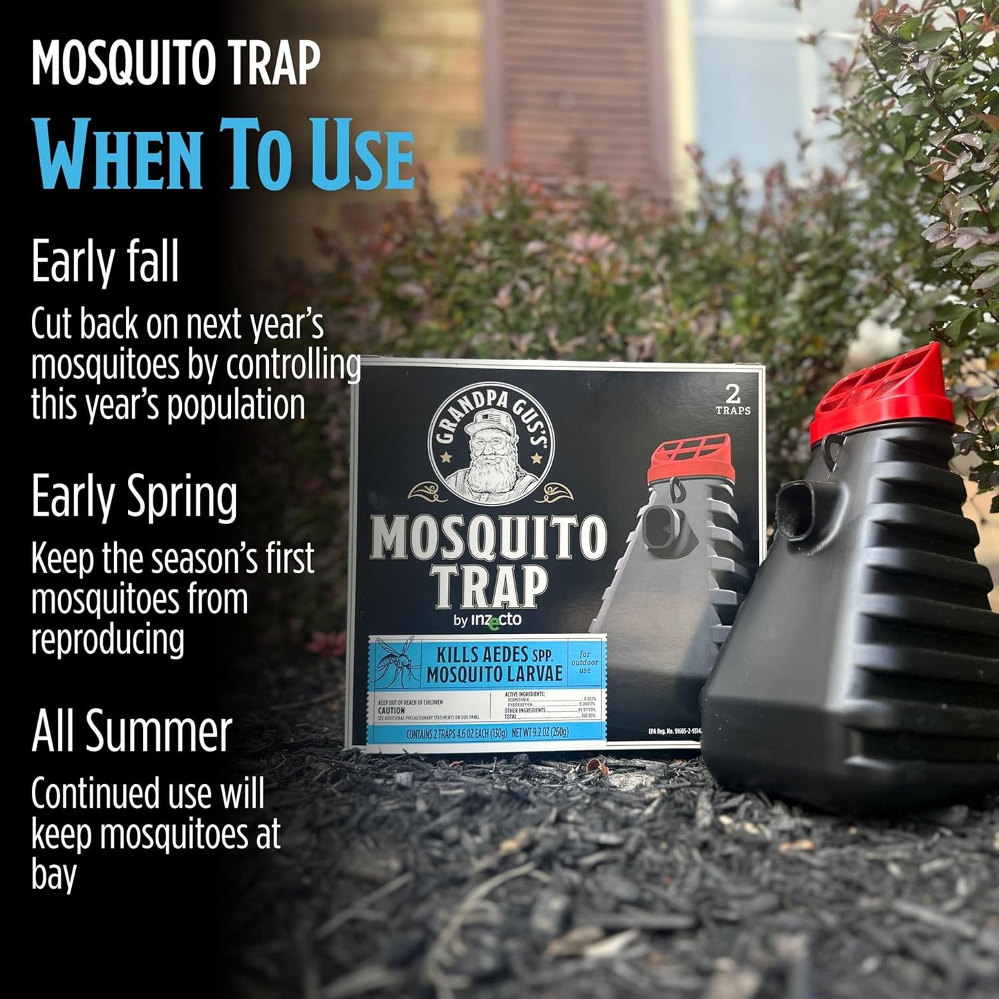 Grandpa Gus's Mosquito Trap and Outdoor Bug Killer - Water-Activated Larvae Control for Backyard, Patio, and Garden - Up to 35 Days & 1,500 Sq Ft of Protection Per Trap, 2 Pack