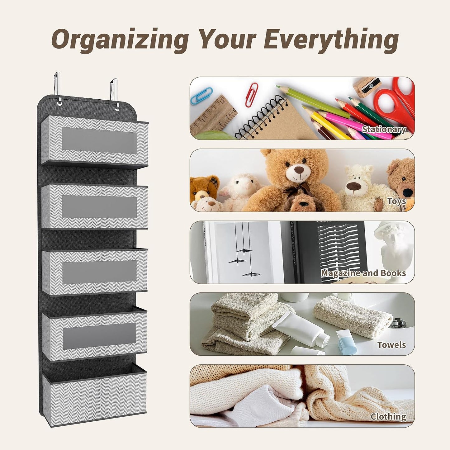 Narrow Over The Door Organizer, 5 Large Pockets Fabric Storage, 12" Wide | With Metal Hooks, Clear Window for quick view, 11.8" Slim design, Back of Door Hanging for Clothes Pantry Dorm Bedroom