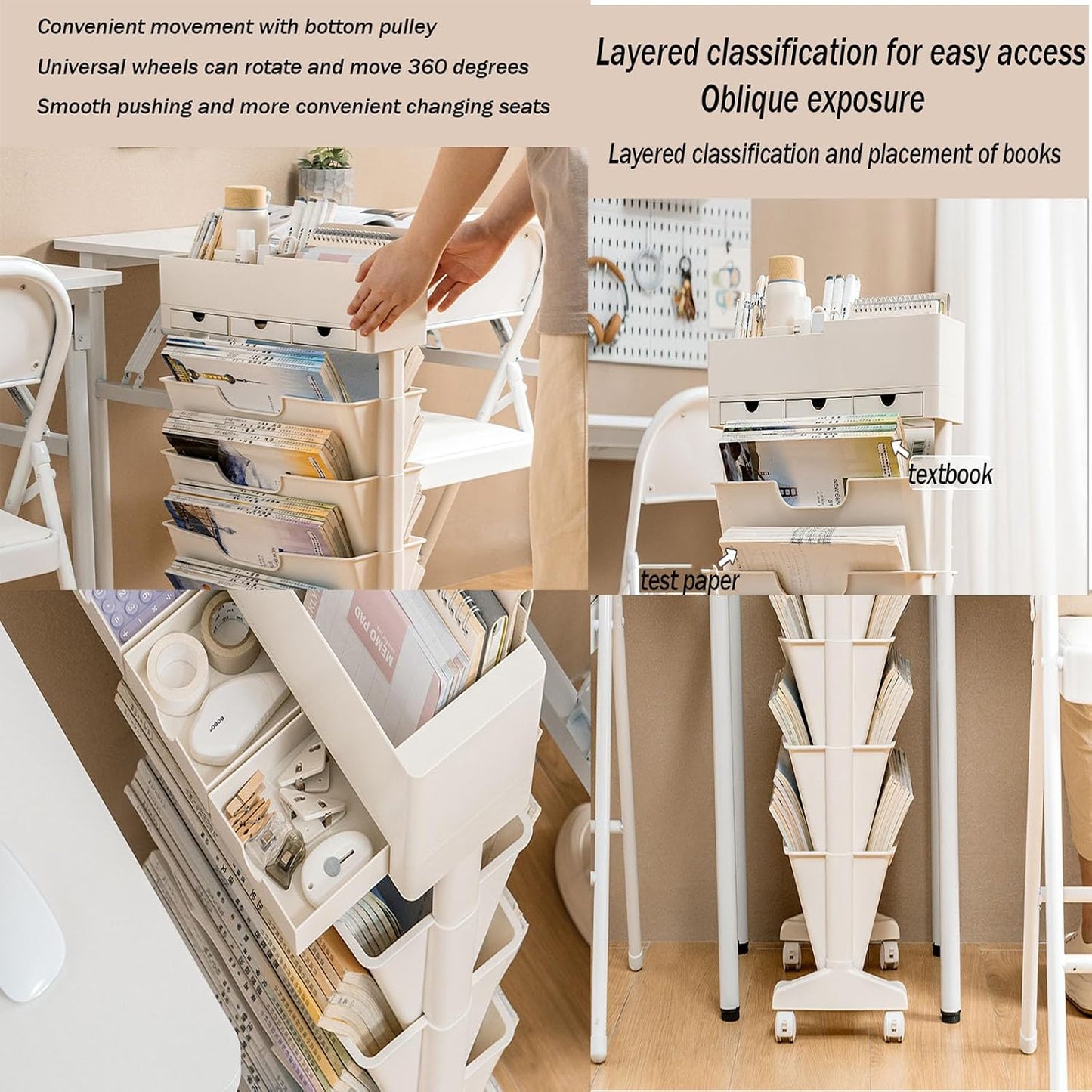 Rolling Bookshelf Cart with Wheels, 6 Tier Movable Bookshelf for Storage, Portable Bookshelf on Wheels for Kitchen Bathroom Office, Slim Book Cart, Off White