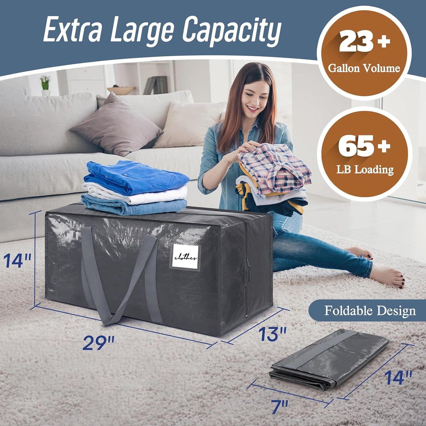 6 Pack Extra Heavy Duty Large Moving Bags with Strong Zipper & Comfortable Handles, Sturdy & Durable Clothes Storage Bags Totes Bins, Blue Packing Moving Boxes for College Supplies, Dark Blue