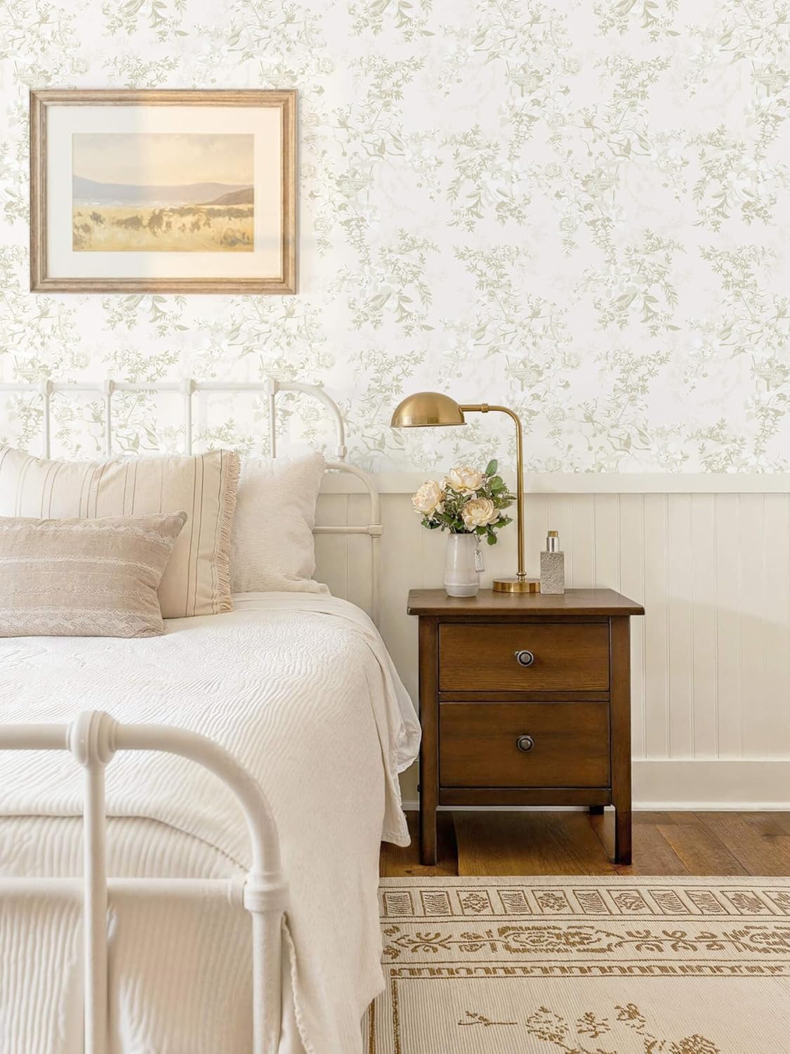 Dimoon 17.3''x78.7'' Vintage Peel and Stick Wallpaper Boho Beige Neutral Contact Paper White Floral Bird Wallpaper Removable Botanical Renter Friendly Modern Wall Paper Bedroom Bathroom Vinyl Roll