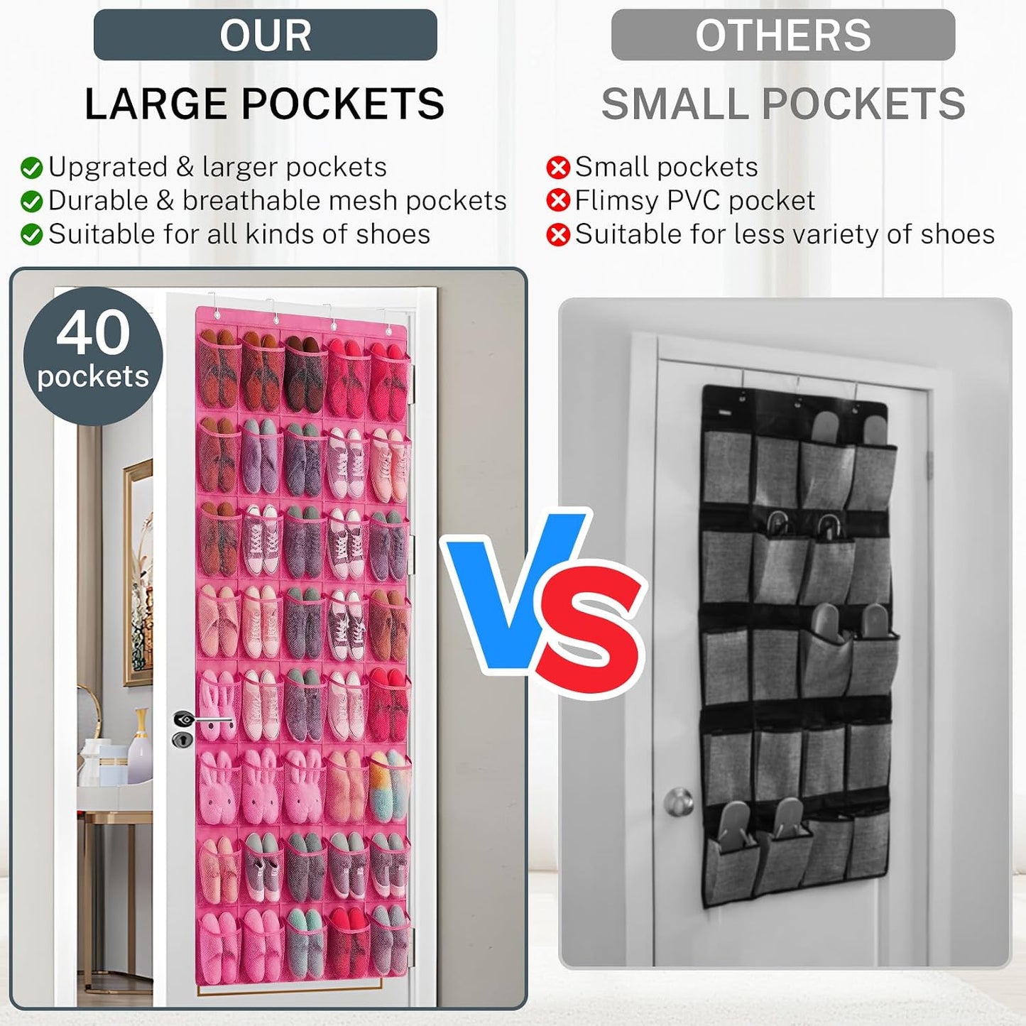 40 Large Mesh Pocket Over the Door Shoe Organizer,Hanging Shoe Rack for Door,Hualleko Shoes Organizer Hanger with Large Capacity, Shoes Storage Holder Sturdy Non-woven Fabric - Stores 20 Pairs (White)