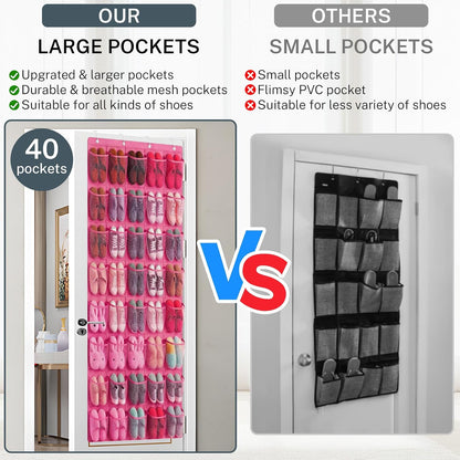 40 Large Mesh Pocket Over the Door Shoe Organizer,Hanging Shoe Rack for Door,Hualleko Shoes Organizer Hanger with Large Capacity, Shoes Storage Holder Sturdy Non-woven Fabric - Stores 20 Pairs (White)