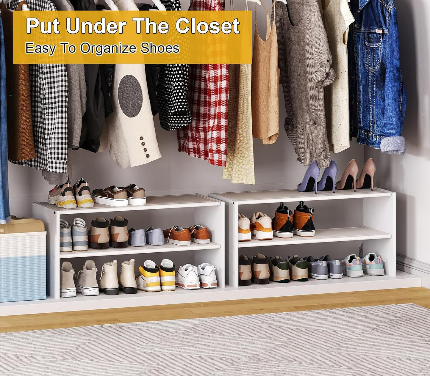 Cidaziya 2 Tier Small White Shoe Rack for Closet, Stackable Shoe Shelf Organizer for 9-12 Pairs of Shoes, Portable Wood and Cloth Structure, Small Shoe Storage Organizer, Size 28.5"* 11" * 13"