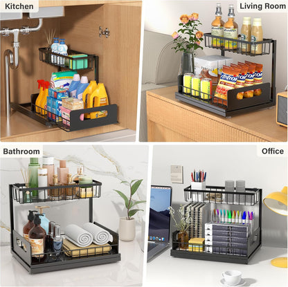 Sturdy Metal Under Sink Organizer 2 Tier, Pull Out Drawer Slides Under Sink Storage for Bathroom Kitchen, Multi-Purpose Iron Under Cabinet Organizer for Cleaning Supplies (Black, 2 Pack)