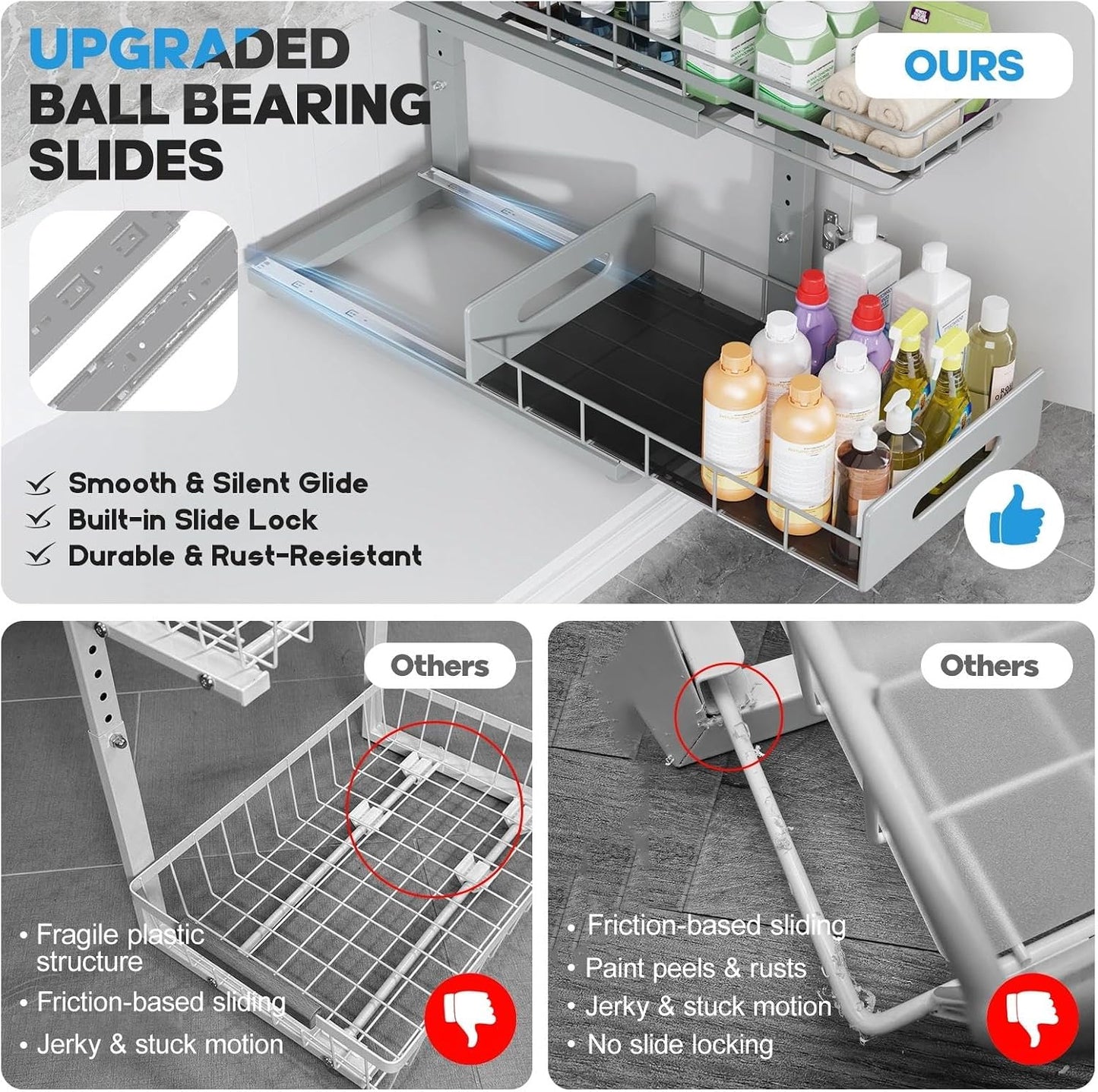 Under Sink Organizer Upgrade To Professional Rails,2-Tier Dual Pull Out Cabinet Storage,Height Adjustable Slide Out Drawers For Bathroom Kitchen,2 Pack-14.5" Dx12.8-16.9" H,White