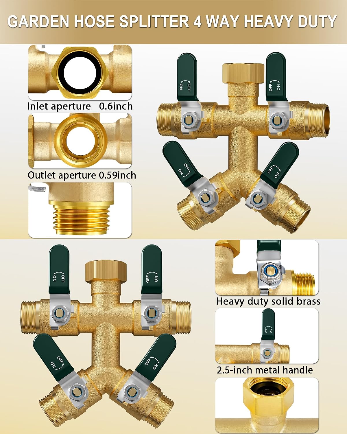 EBH Garden Hose Splitter 2 Way, Heavy Duty Solid Brass Hose Splitter with Shutoff Valves, Water Spigot Splitter With 304 Stainless Steel Handle, Full Flow Outdoor Faucet Splitter, 3/4" GHT Thread