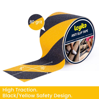 Anti Slip Tape, 4 Inch x 42 Ft Grip Tape for Stairs Outdoor/Indoor, Waterproof Non Skid Roll for Stair Treads Non Slip, High Traction Friction Abrasive Adhesive Stair Steps, Caution Yellow/Black