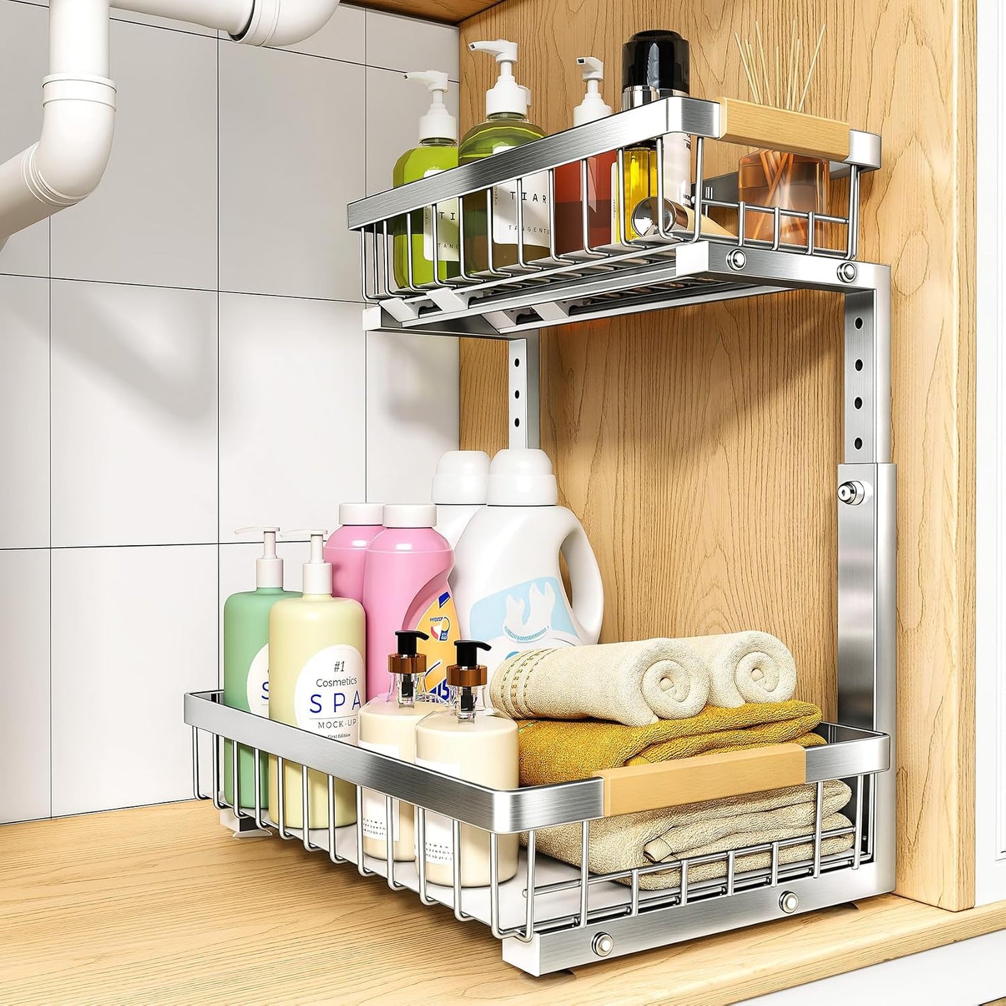 PXRACK Under Sink Organizer, Adjustable Height, 2 Tier Pull Out Under Cabinet Organizer, Slide Out Thickened Metal Under Sink Storage for Kitchen Bathroom Laundry Pantry Cabinet, White, Large-1-Pack