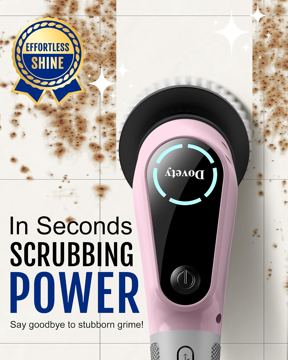 Dovety Electric Spin Scrubber, Shower Scrubber, Power Cleaner Tools with 8 Replaceable Brush Heads, Cleaning Brush with Extension Handle, 2 Adjustable Speeds, 90Mins Work Time for Home Bathtub-White