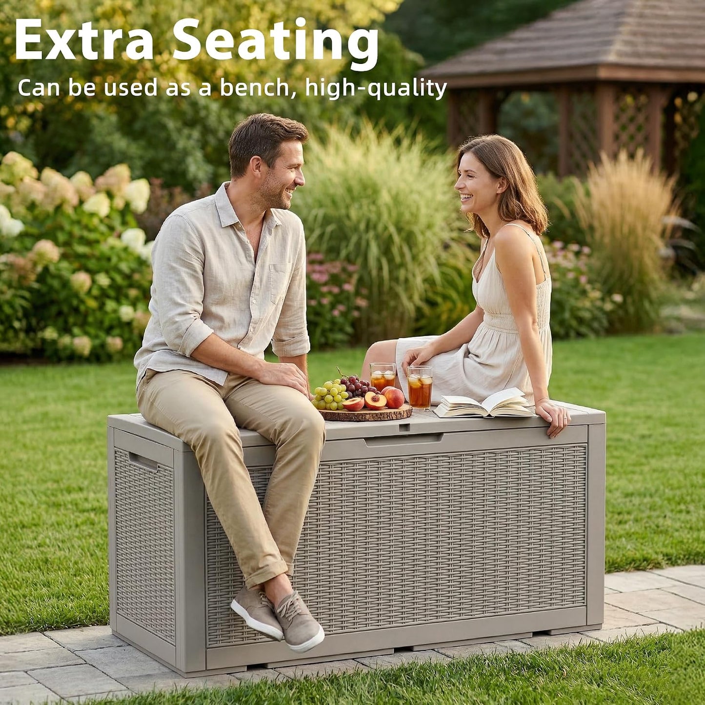 125Gal Outdoor Storage Box, Lockable Deck Box with Hydraulic Lid | Waterproof UV-resistant, Durable outdoor bin for patio cushions, pool accessories & garden tools. Keeps contents secure & dry