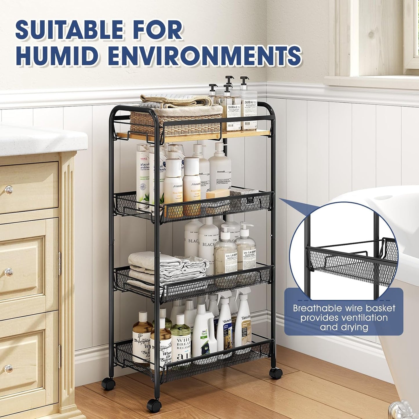 TOOLF 4-Tier Slim Rolling Cart, Metal Utility Cart, Slide Out Storage Cart with Wooden Tabletop and Mesh Baskets for Narrow Space on Kitchen Bathroom Laundry Room Bedroom Apartments Dormitory
