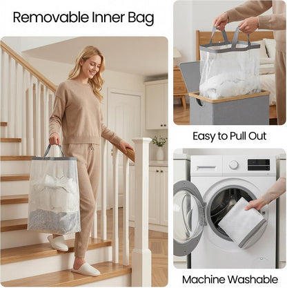 efluky Slim Laundry Basket with Lid, Narrow Laundry Hamper with Removable Bag, Skinny Dirty Clothes Basket with Bamboo Handles for Bathroom, Bedroom & Laundry Room, 75L Beige