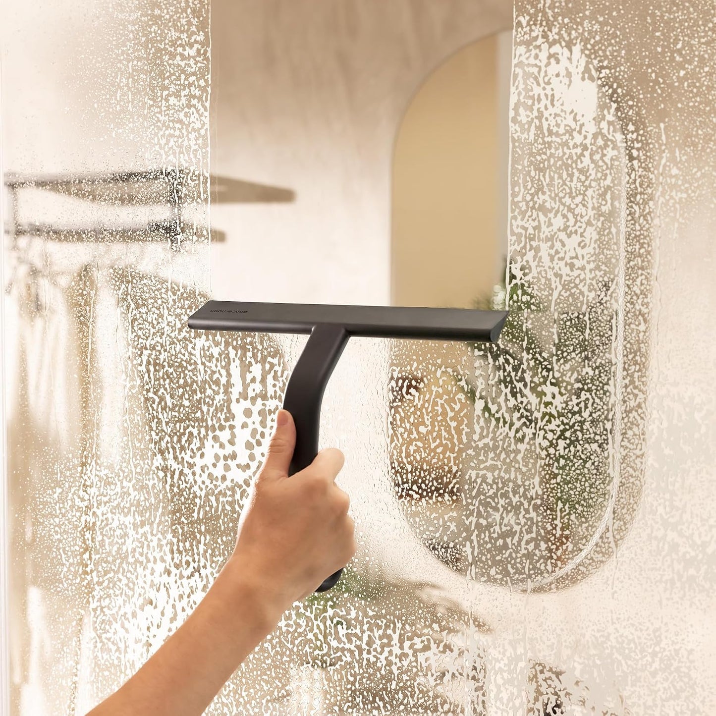 dancemoon JustHang Shower Squeegee for Glass Doors, All-One-Piece Award-Winning Silicone Squeegee with Built-in Hook for Bathroom, Window, Mirror, Tile Wall,Car, Streak-Free Cleaner Tool,10-Inch Black