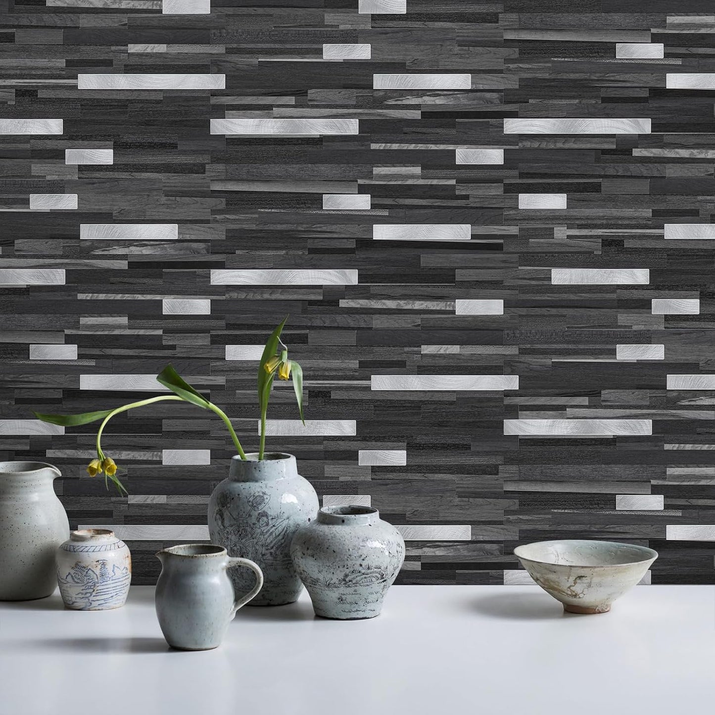 STICKGOO 20 Sheets Peel and Stick Backsplash Tile, Stick on Backsplash for Kitchen and Bathroom, White Sandstone Look PVC Mixed Metal Gold Self Adhesive Wall Tiles