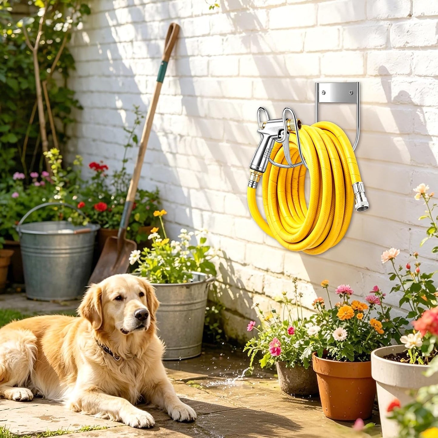 Garden Hose Holder Wall Mount, SS304 Stainless Steel Water Hose Hanger Heavy Duty with Nozzle Groove, 44LB Capacity Outdoor Hose Rack for Extension Cords Vacuum Hose, Silver, 1 Pack