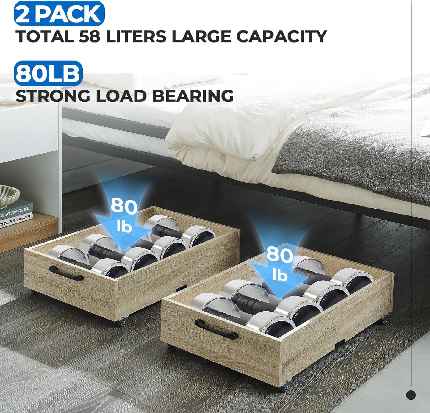 TIOPGHAD 2-Pack Under Bed Storage Drawers Organizer with Wheels, Brown | 58L total capacity, 80 lb per Drawer, Fits 6 in Bed Clearance, Rolling Drawers for Shoes, Clothes, Linens, Toys