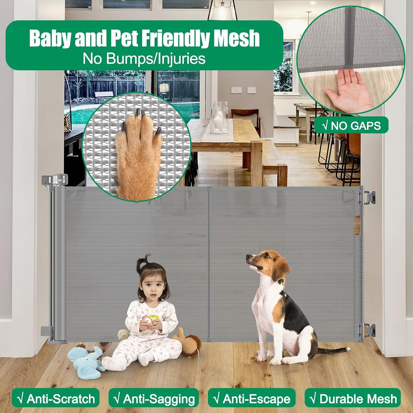 Reinforced 50" Wide Retractable Baby Gates for Doorways, Retractable Dog Gate for Stairs with Support Rods – Prevent Crawling Under, Outdoor Indoor Mesh Baby Gate Retractable Gates for Dogs, White