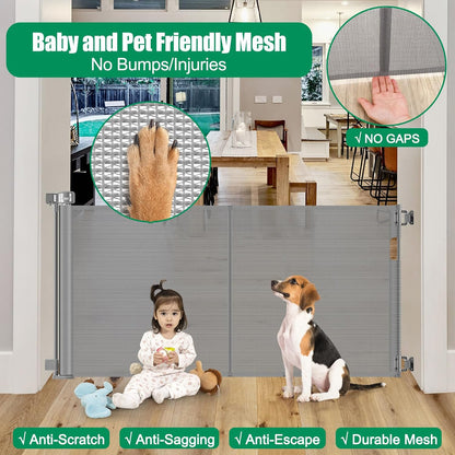 Reinforced 50" Wide Retractable Baby Gates for Doorways, Retractable Dog Gate for Stairs with Support Rods – Prevent Crawling Under, Outdoor Indoor Mesh Baby Gate Retractable Gates for Dogs, White