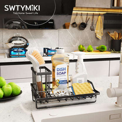 SWTYMIKI Sink Caddy Sponge Holder - Kitchen Sink Organizer with High Brush Holder for Countertop to Hold Dish Soaps and Sponges, Stainless Steel, Black