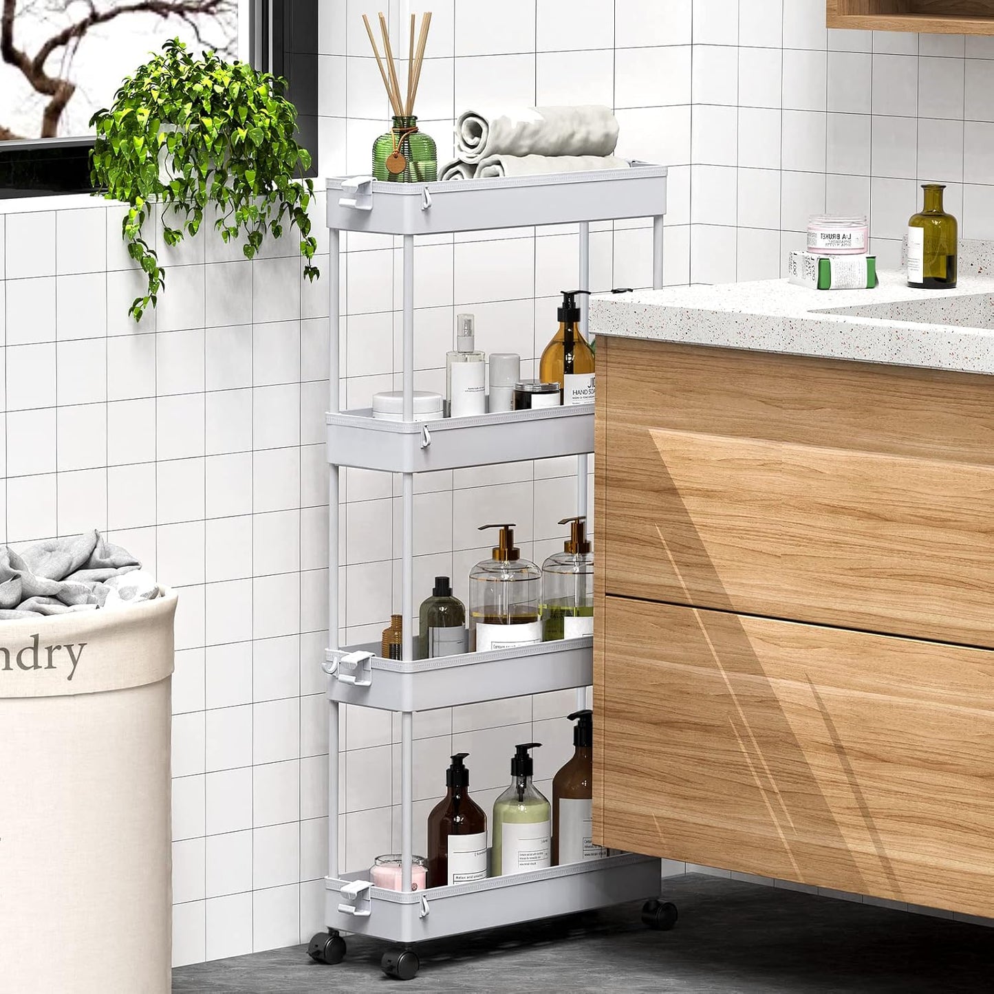SPACEKEEPER Slim Rolling Storage Cart 4 Tier Bathroom Organizer Cart Mobile Shelving Unit Slide Out Utility Cart for Kitchen, Bthroom, Makeup, Craft, Laundry Narrow Places, Black