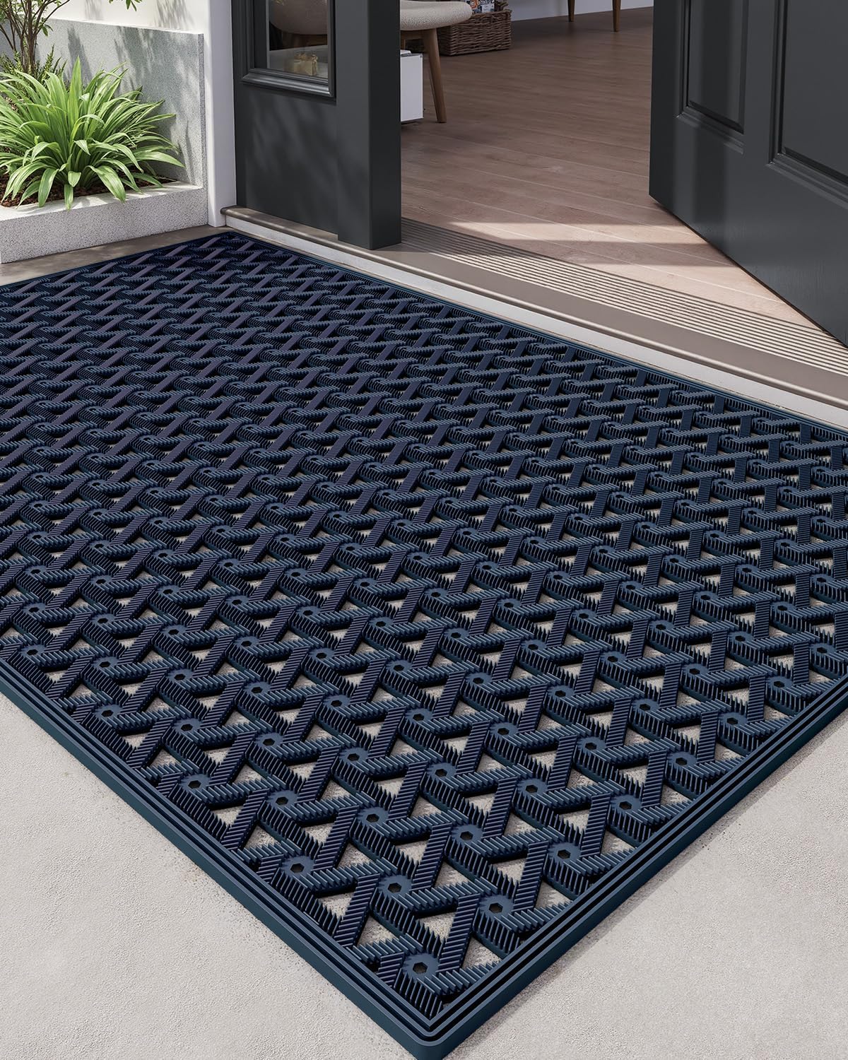 DEXI Front Door Mat Outside Entrance Rubber 19x30, Welcome Floor Doormat Heavy Duty Non Slip, Dirt Trapper Waterproof Exterior Entry Mats All Weather for Patio Entryway Drainage, Black