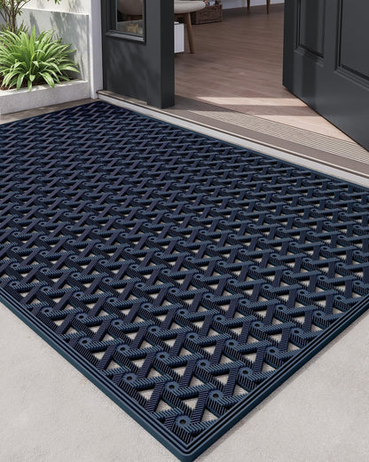 DEXI Front Door Mat Outside Entrance Rubber 19x30, Welcome Floor Doormat Heavy Duty Non Slip, Dirt Trapper Waterproof Exterior Entry Mats All Weather for Patio Entryway Drainage, Black