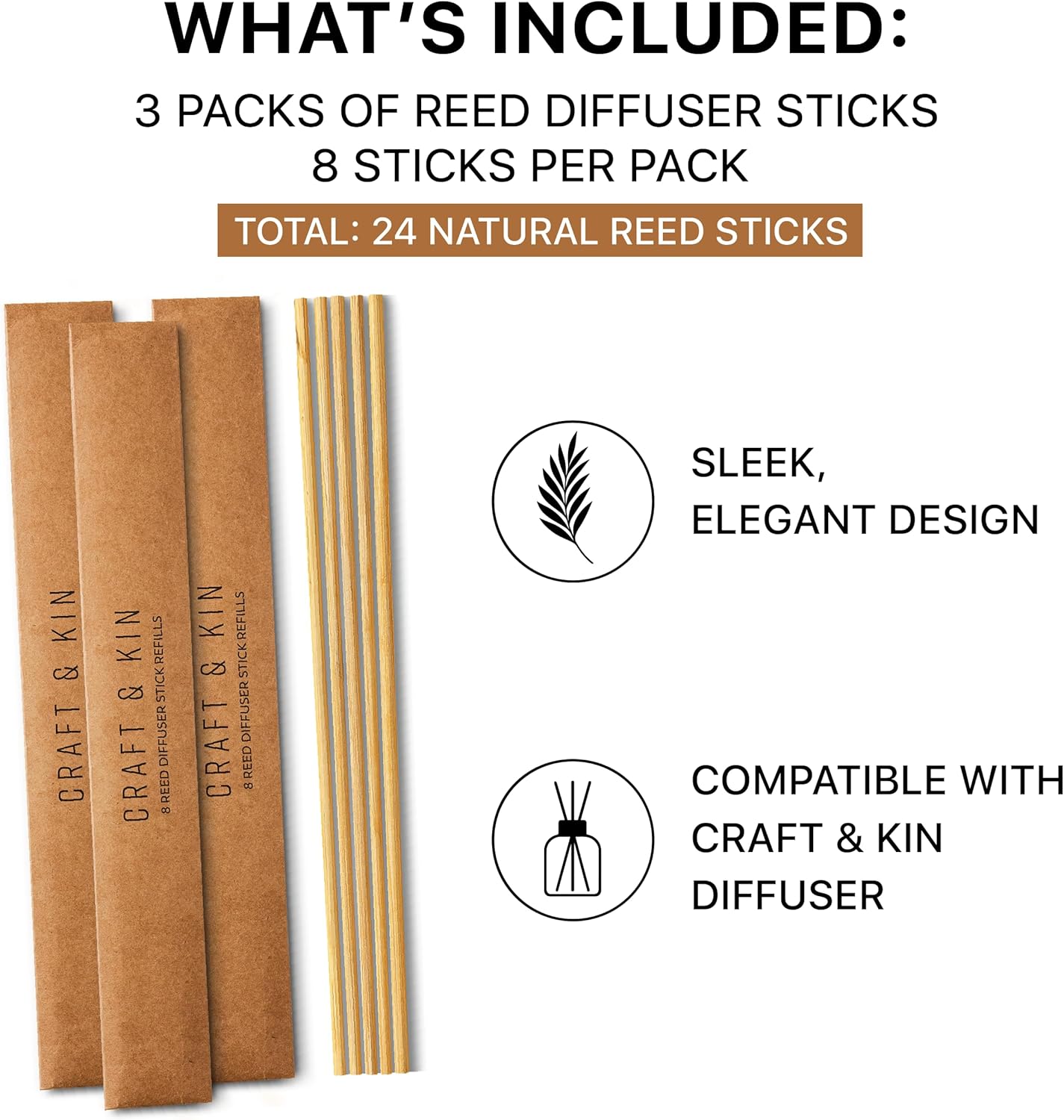 Craft & Kin Lily & Jasmine Diffuser Reed Diffuser | All Natural Essential Oil & 8 Rattan Scent Sticks | Reed Diffusers for Home, Bathroom | Long Lasting Home Fragrance in Amber Glass, 5.75oz