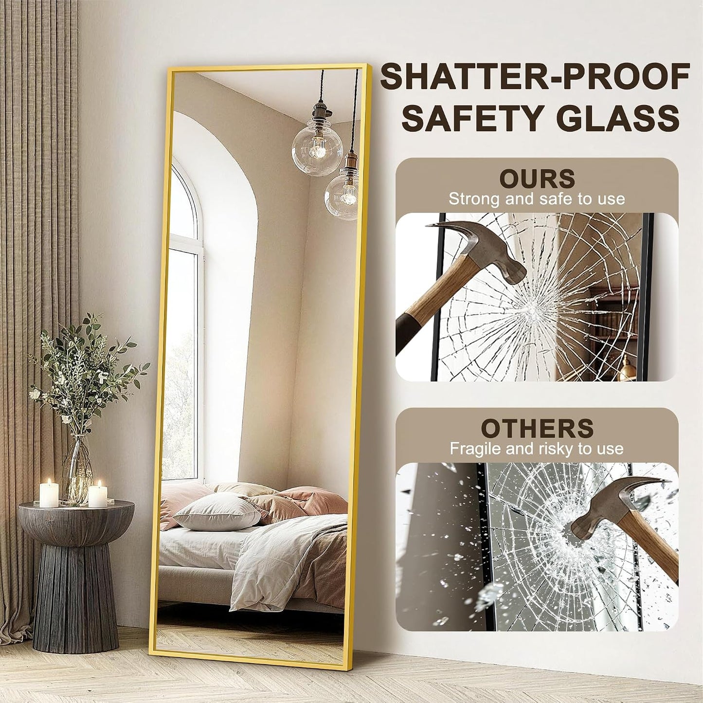 FICTOR Full Length Mirror with Stand, Floor Standing Mirror Full Body, HD Shatterproof Black Frame Wall Mirror for Bedroom, Living Room, Dressing Room & Entryway, 56"x15"