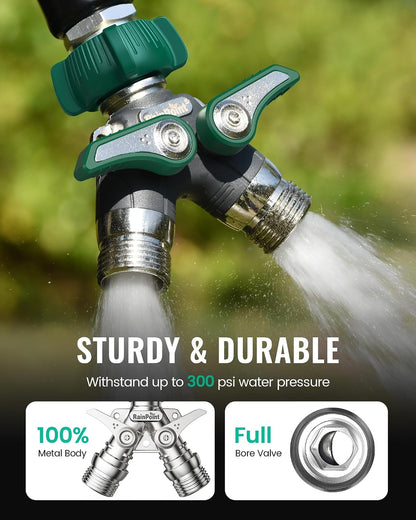 RAINPOINT Garden Hose Splitter 2 Way Heavy Duty, 3/4'' Connector Water Hose Bib Y Spigot Splitter with Shut-Off Valve, 100% Metal Body Full Flow Outdoor Water Faucet Adapter Fittings (1 Pack)