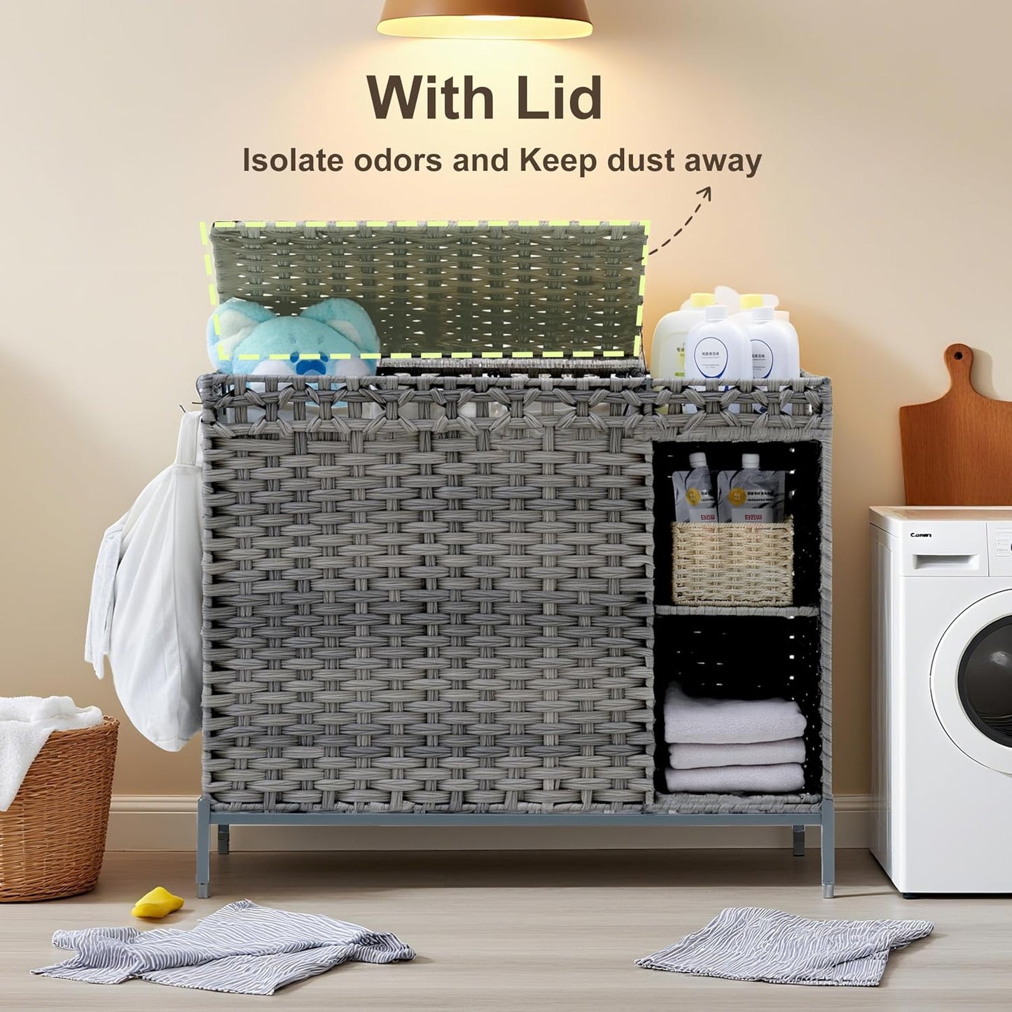 Gitelsnour Laundry Hamper with Lid, 110L (29.1 Gal) Rattan Laundry Hamper 2 Section with 50L (13.2 Gal) Storage Shelf, Wicker Woven Laundry Sorter Basket with 3 Liner Bags and Handles, Brown GLH002BR